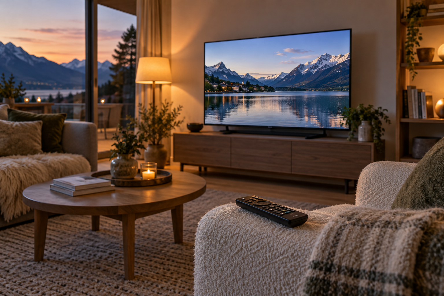 Fernseher mit einer Alpenlandschaft und Fernbedienung auf einem Sessel