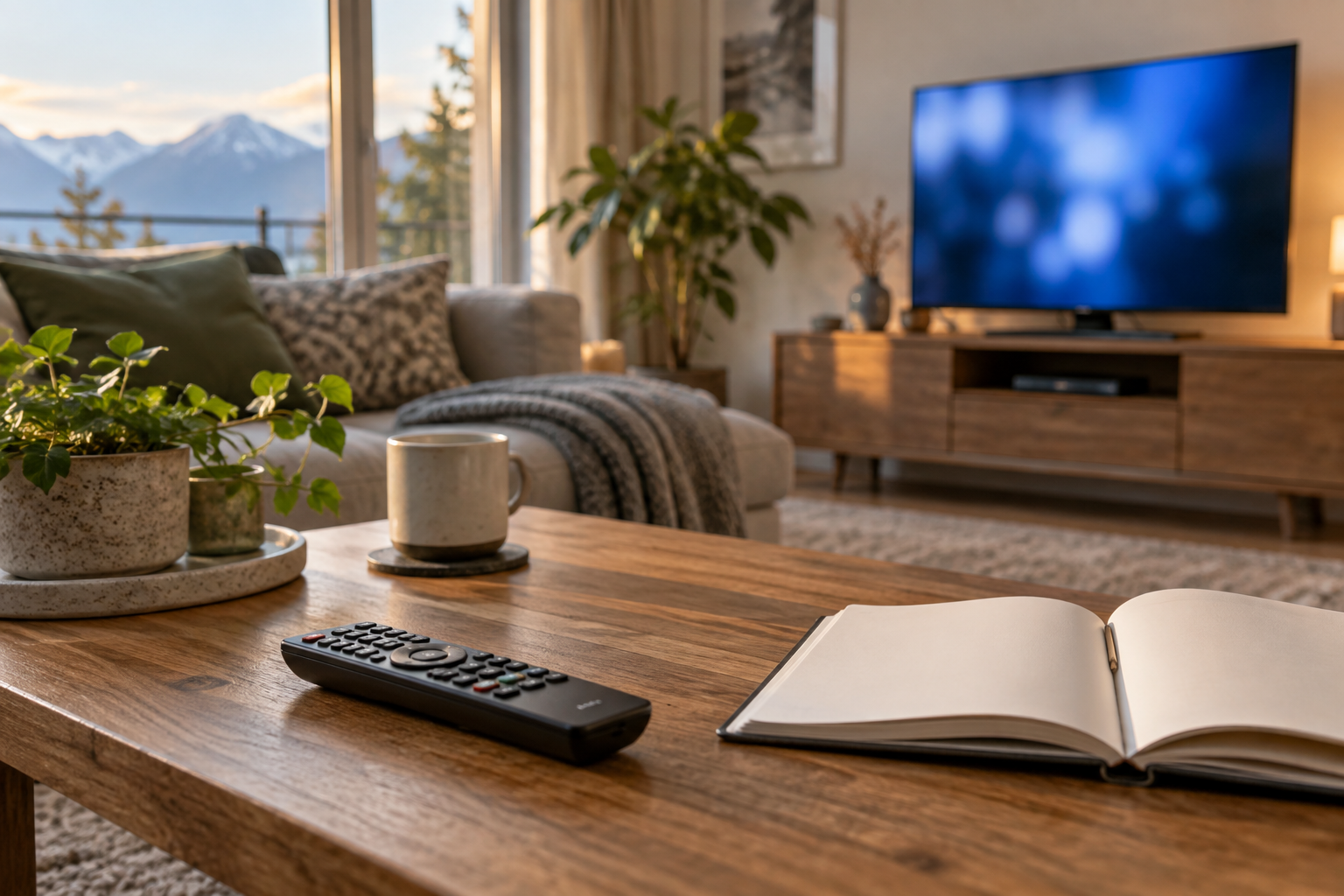 Fernbedienung und Notizbuch auf einem Wohnzimmertisch vor einem Fernseher